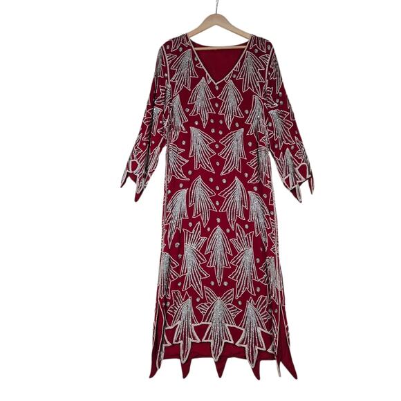 VTG 100% Silk Midi Dress sz M Red Embellished Pearls Silver Sequins Holiday READ - Picture 1 of 16